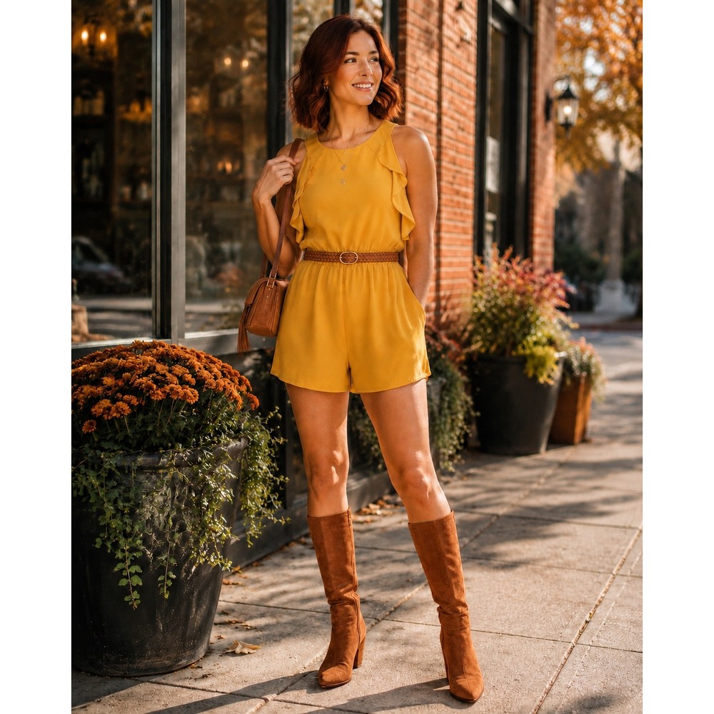 Peach Love California Romper Mustard Yellow Ruffle Halter Size S